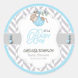 Baby Blue, White Gray Monkey Baby Dusche Runder Aufkleber