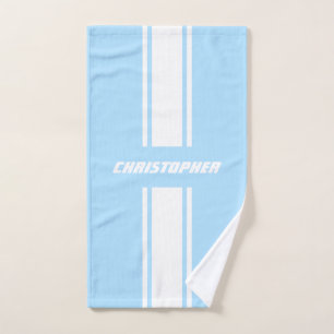 Baby Blue White Racing Stripes Monogram Kids Boys Badhandtuch Set