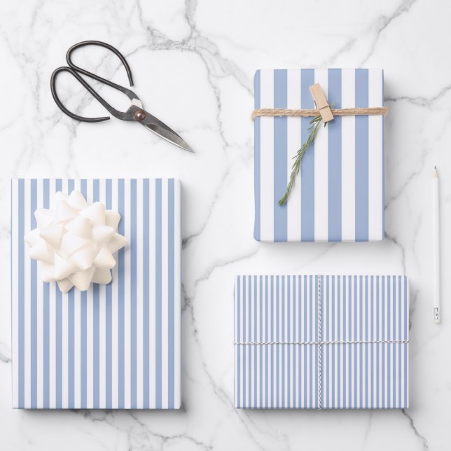 Baby Blue & White Streifen Geschenkpapier Set (Vorderseite)