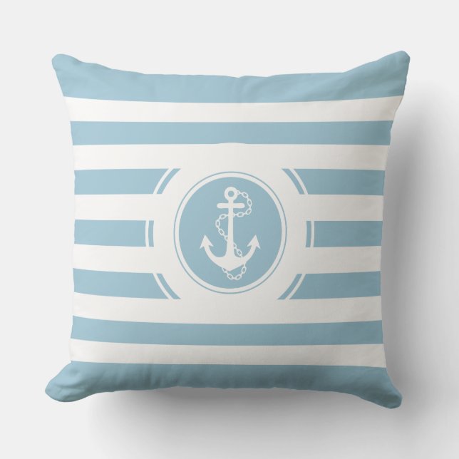Baby Blue & White Stripes Nautical Anker Kissen (Vorderseite)