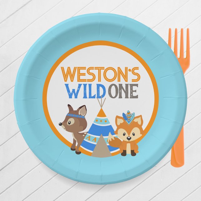 Baby Blue Wild One Woodland Birthday Party Teller (Baby Blue One Happy Camper or Wild One First Birthday Party Plates. Featuring a Fox, Deer & Teepee)