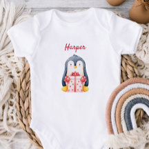 Baby-Body mit einem Pinguin, der eine Geschenkbox 