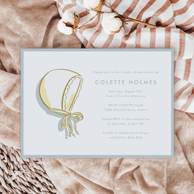 Baby Bonnet Baby Shower Horizontal Einladung (Baby Bonnet Illustration Baby Shower Horizontal Invitation)