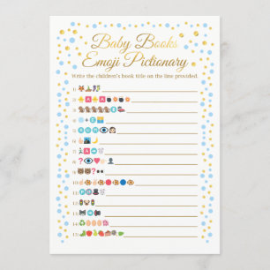 Baby Books Emoji Pictionary Game Blue und Gold Einladung