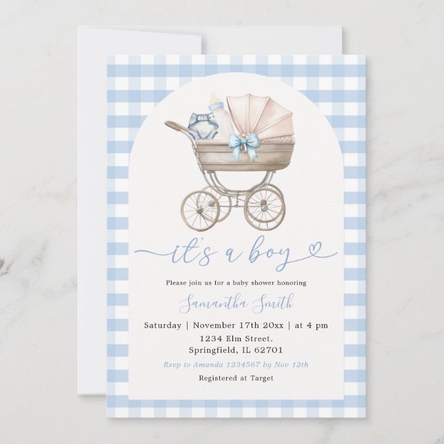 Baby Bottle Carriage Blue Gingham Baby Dusche Einladung (Vorderseite)