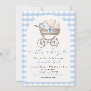 Baby Bottle Carriage Blue Gingham Baby Dusche Einladung