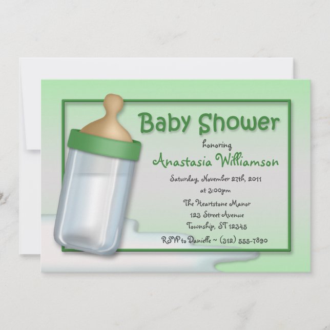 Baby Bottle Green Baby Dusche Einladungen (Vorderseite)