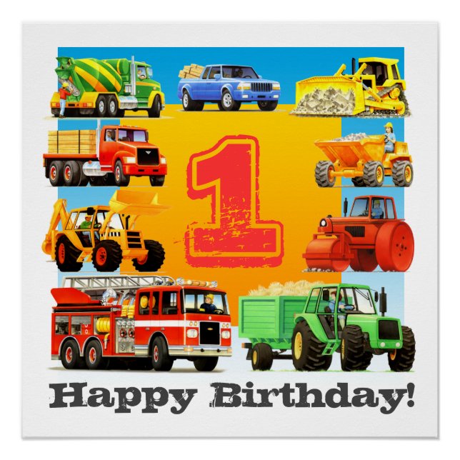Baby Boy 1. Happy Birthday Construction Truck Poster (Vorderseite)