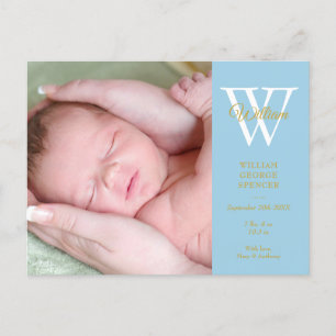 Baby Boy 4 Fotos Gold Schrift Monogramm Blau Gebur Ankündigungspostkarte