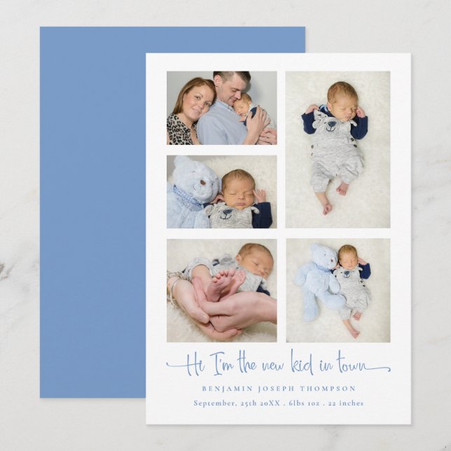 Baby Boy 5 Foto Collage Blue New Kid Script Birth Ankündigung (Vorne/Hinten)
