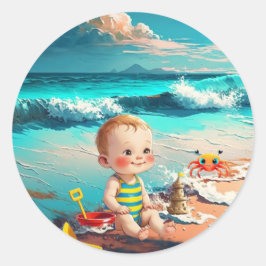 Baby Boy am Strand Runder Aufkleber