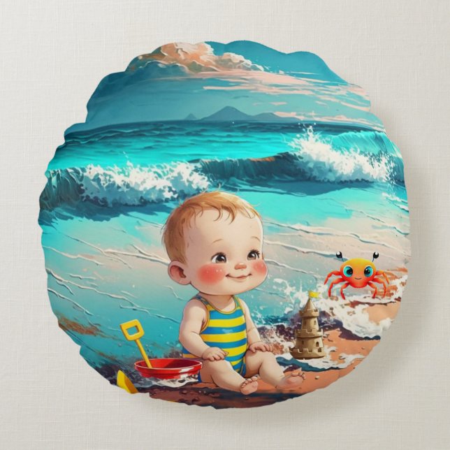 Baby Boy am Strand Rundes Kissen (Vorderseite)