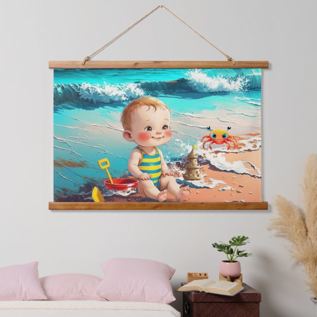 Baby Boy am Strand Wandteppich Mit Holzrahmen (Schlafzimmer)