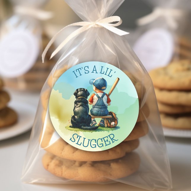 Baby Boy and Dog | Lil Slugger | Babyparty Runder Aufkleber (Von Creator hochgeladen)