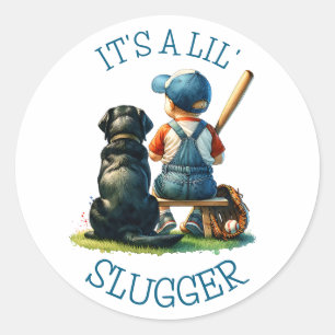 Baby Boy and Dog   Lil Slugger   Babyparty Runder Aufkleber