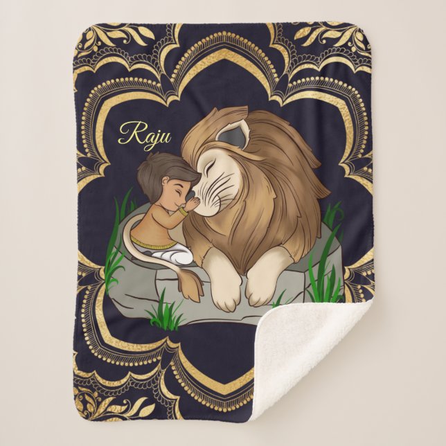 Baby boy and lion on a black mandala background sherpadecke (Vorderseite)
