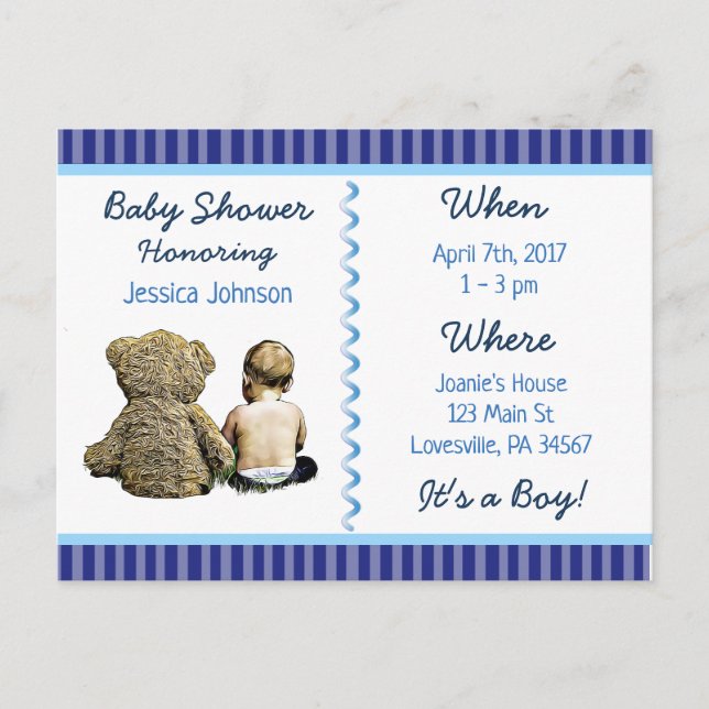 Baby Boy and Teddy Bear Baby Shower Einladung (Vorderseite)