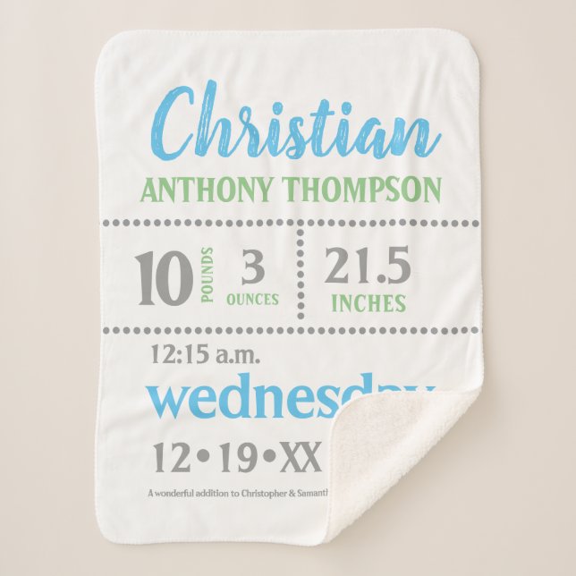 Baby Boy Announcement, blau, grün, grau, druckt Sherpadecke (Vorderseite)