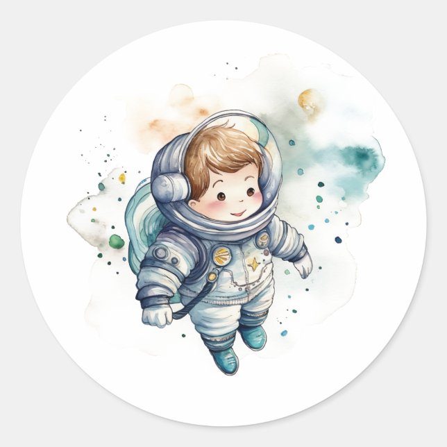 Baby Boy Astronaut Aquarellkleber Runder Aufkleber (Vorderseite)