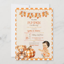 Baby Boy Autumn Kariert Teddy Bear Pumpkin Blätter Einladung