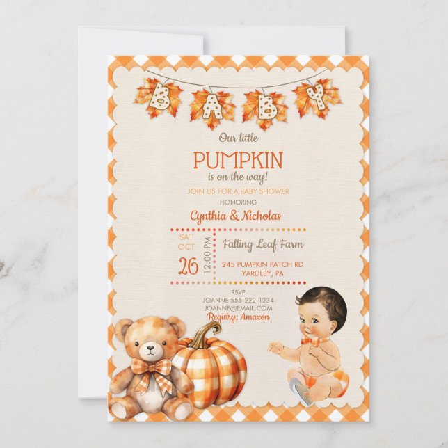 Baby Boy Autumn Kariert Teddy Bear Pumpkin Blätter Einladung (Vorderseite)