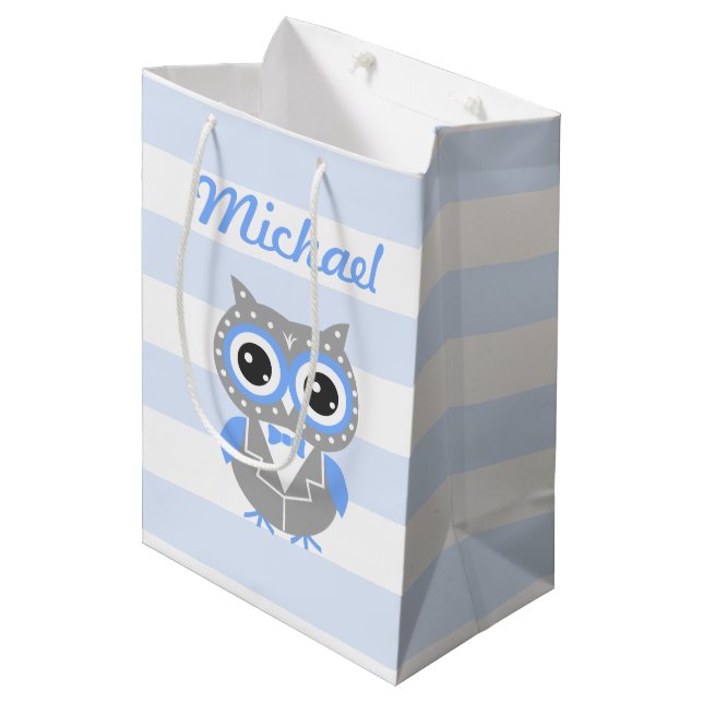 Baby Boy Baby Dusche Niedlich Owl Blue Geschenktas Mittlere Geschenktüte (Vorderseite Schrägansicht)