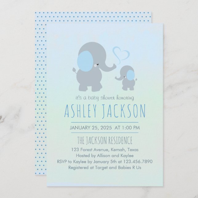 Baby Boy Baby Elephant Baby Dusche Einladung (Vorne/Hinten)