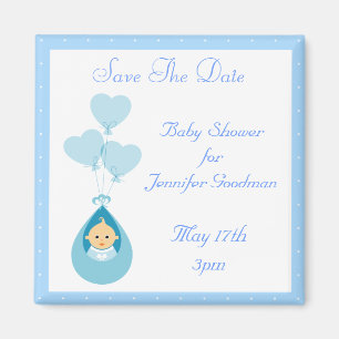 Baby Boy & Balloons Blue Save the Date Baby Dusche Magnet