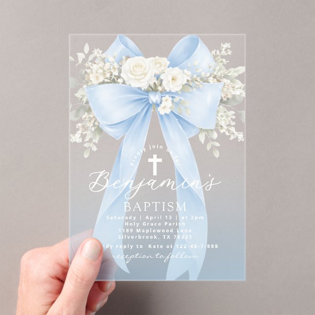 Baby Boy Baptism Elegant Blue Eucalyptus Bow Acryleinladungen (Insitu (Handheld))