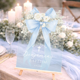 Baby Boy Baptism Elegant Blue Eucalyptus Bow Acrylschild
