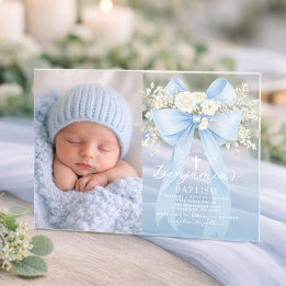 Baby Boy Baptism Photo Floral Eucalyptus Bow Acryleinladungen