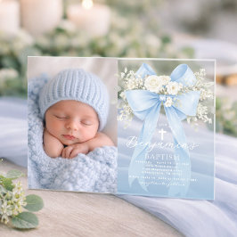 Baby Boy Baptism Photo Floral Eucalyptus Bow Acryleinladungen