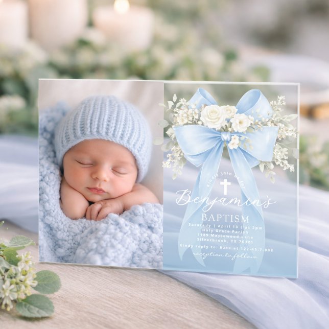 Baby Boy Baptism Photo Floral Eucalyptus Bow Acryleinladungen (Von Creator hochgeladen)