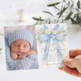 Baby Boy Baptism Photo Floral Thank you Card Einladung