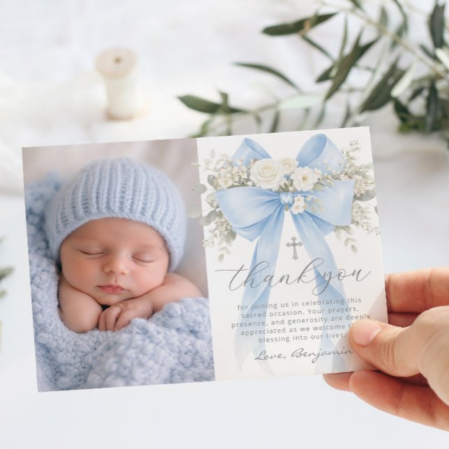 Baby Boy Baptism Photo Floral Thank you Card Einladung (Von Creator hochgeladen)