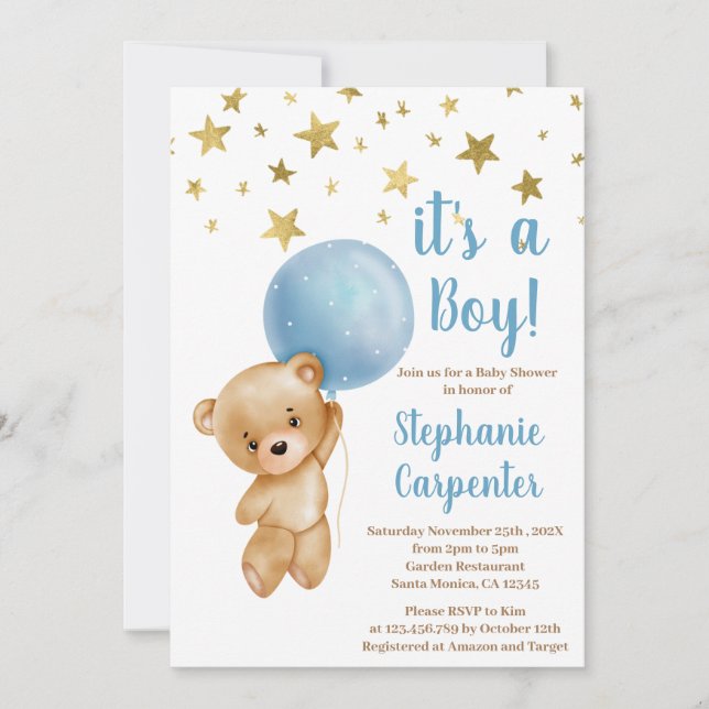 Baby Boy Bear Baby Shower Einladung (Vorderseite)