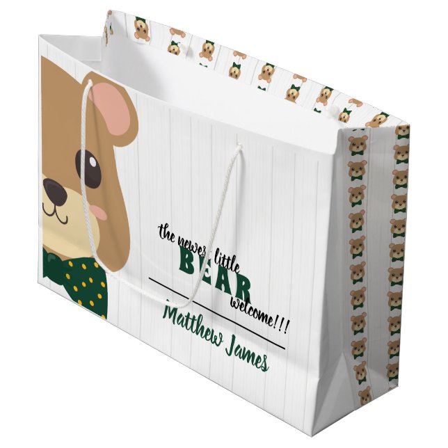 Baby Boy Bear Green & Gold Große Geschenktüte (Vorderseite Schrägansicht)
