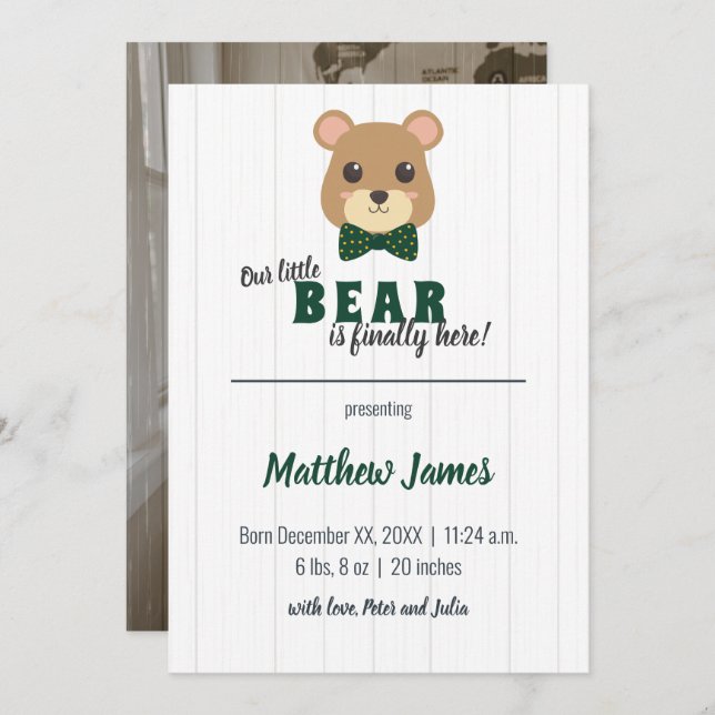 Baby Boy Bear Green & Gold Vertical Baby Ankündigung (Vorne/Hinten)