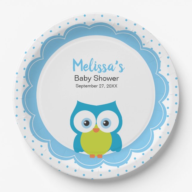 Baby Boy Big Mit Augen Lächeln Owl Paper Plate Pappteller (Vorderseite)