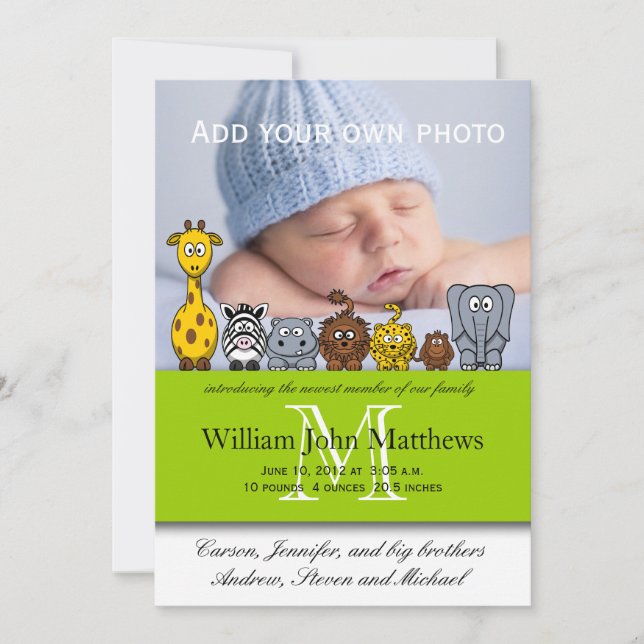 Baby Boy Birth Ankündigungen Jungle Animals Green (Vorderseite)