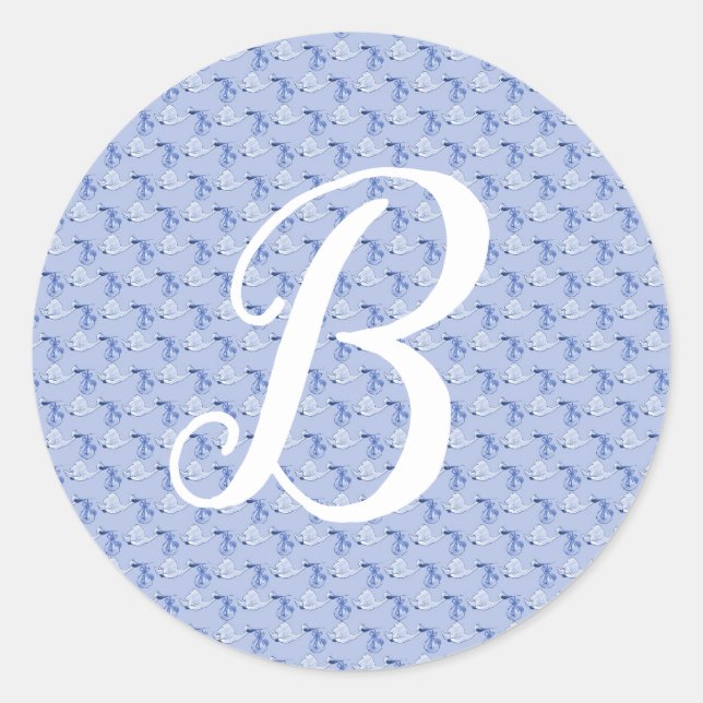 Baby Boy Birth Announcement Blue Storks Monogram Runder Aufkleber (Vorderseite)