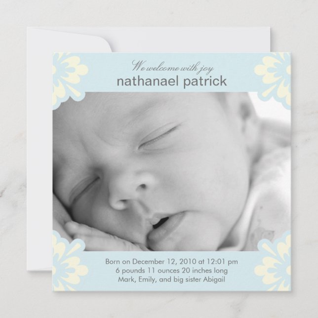Baby Boy Birth Announcement - Blumenecken Ankündigung (Vorderseite)
