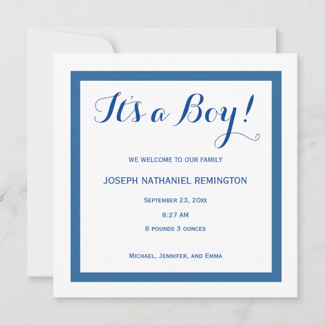 Baby Boy Birth Announcement Classic Style Blue A01 Einladung (Vorderseite)