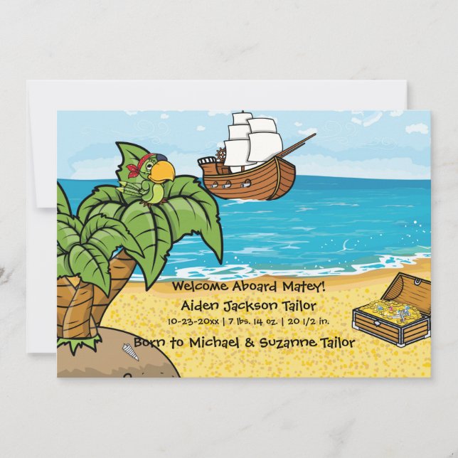 Baby Boy Birth Announcement Pirates Treasure Ankündigung (Vorderseite)