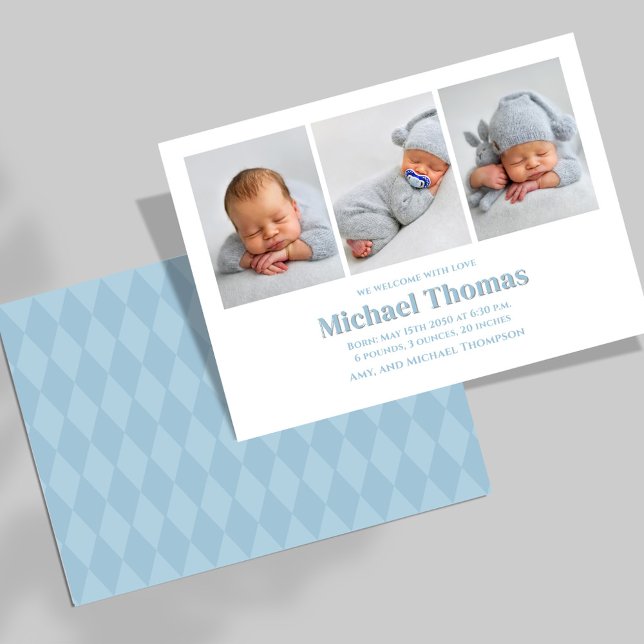 Baby Boy Birth Foto Collage Blue Custom (Baby boy birth announcement with blue herringbone pattern.)
