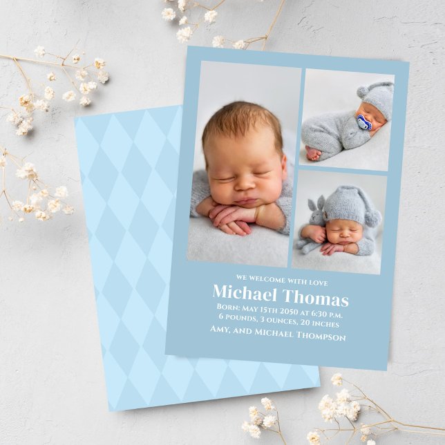 Baby Boy Birth Foto Collage Custom Blue (Multi photo collage baby birth announcement. with blue herringbone pattern.)