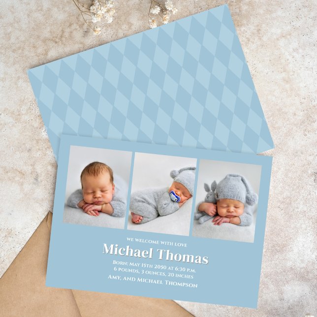 Baby Boy Birth Foto Collage Custom Blue (Baby blue birth announcements. with blue herringbone pattern.)