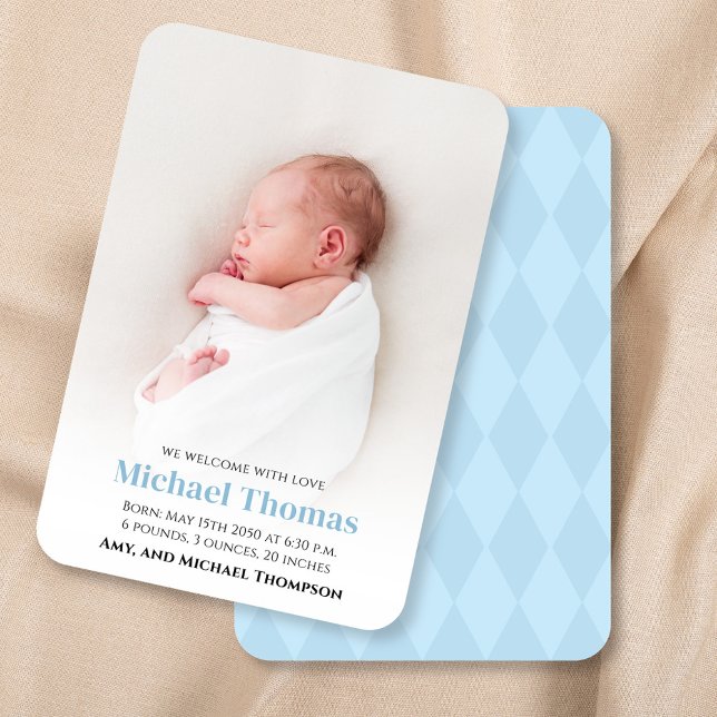 Baby Boy Birth Foto Custom Blue (Blue baby birth announcement with blue herringbone pattern.)