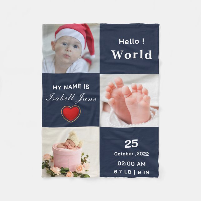 Baby Boy Birth Stat Ankündigung Foto Fleecedecke (Vorderseite)