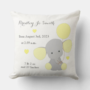 Baby Boy Birth Stats Yellow Gray Elephant Zickzack Kissen